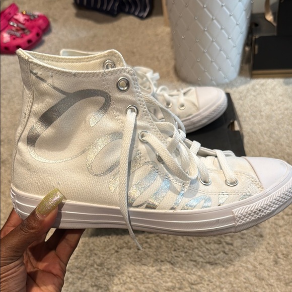 Converse White High-Top Sneakers w/ Oversized Silver Font On Sides - Picture 3 of 5